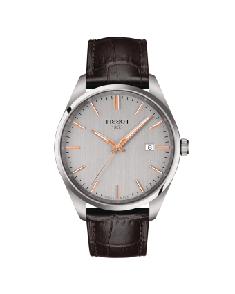 Tissot PR 100 T150.410.16.031.00 hopeanvärisellä taululla, valkoisella taustalla edestä