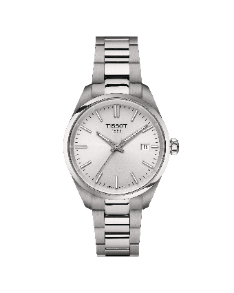 Tissot PR 100 T150.210.11.031.00 hopeanvärisellä taululla, valkoisella taustalla edestä
