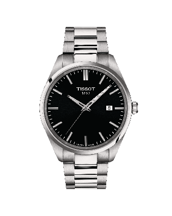 Tissot PR 100 T150.410.11.051.00 mustalla taululla, valkoisella taustalla edestä